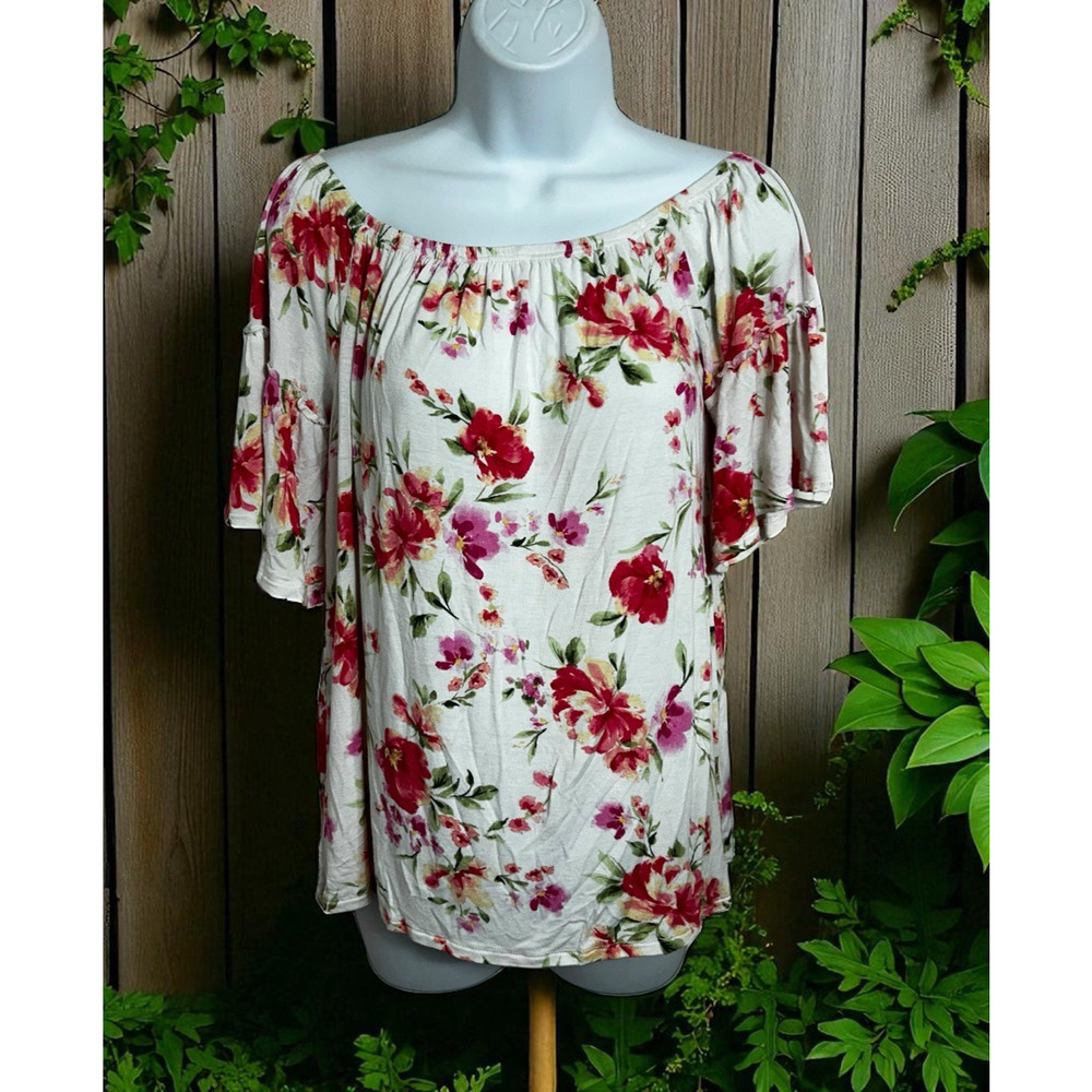 Cherish Floral Blouse Sz Small Off The Shoulder Loose Top Flutter Short Sleeve